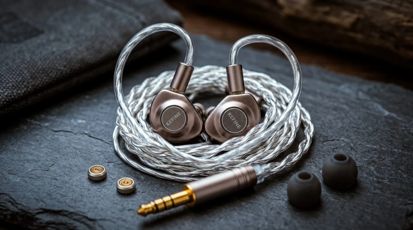 Kefine Delci AE with silver cable, tuning nozzles and 4.4 mm plug on slate