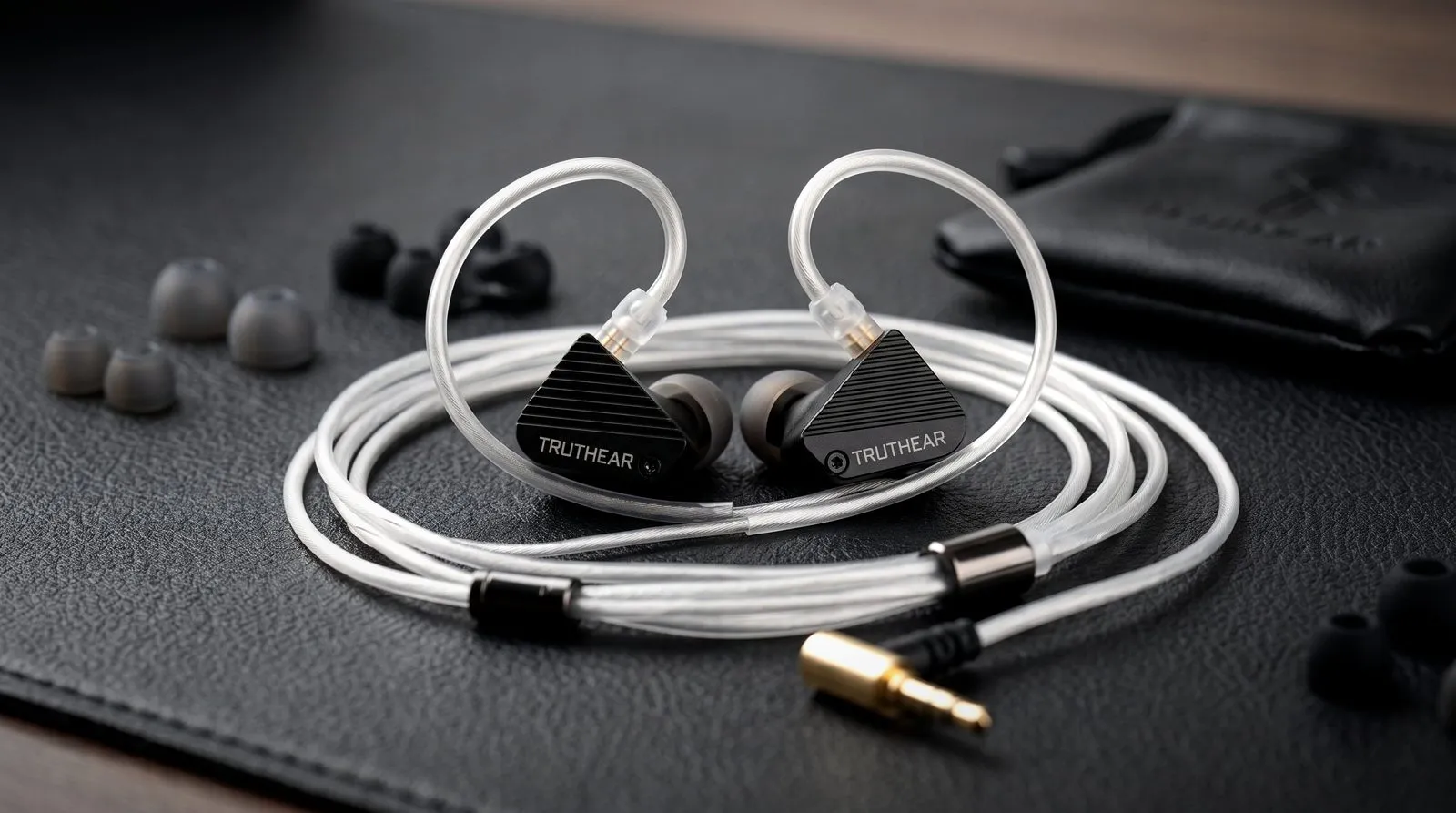 Truthear Pure with its silver cable and carry pouch on a black leather pad