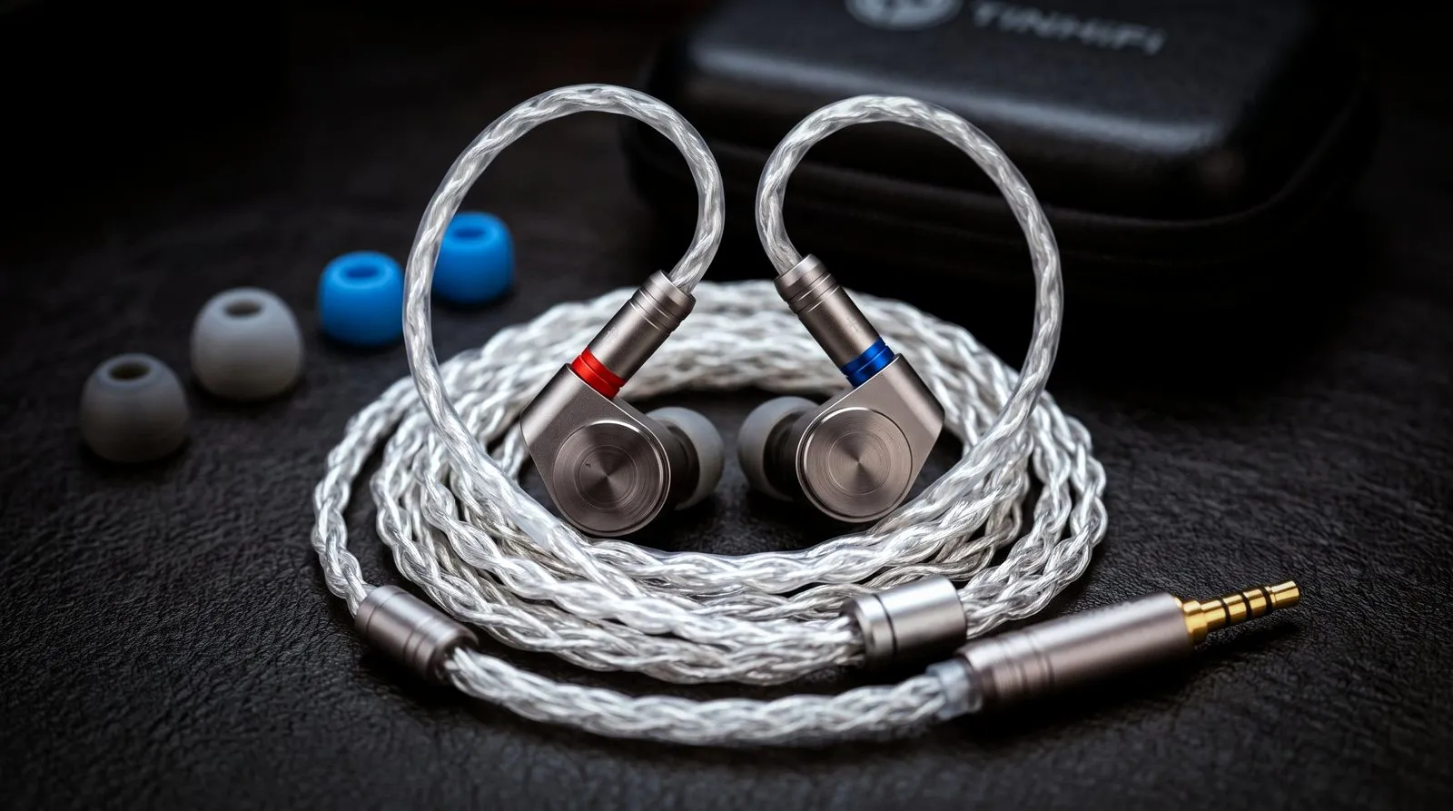 Tin HiFi earphones with a coiled silver cable and case
